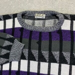 Vintage AREA by‎ Tag Sweater Mens XL Striped Geometric Knit Acrylic Purple Gray